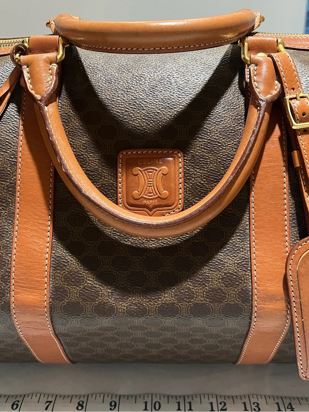 Classic Celine Brown Leather-Trim Travel Duffel Bag
